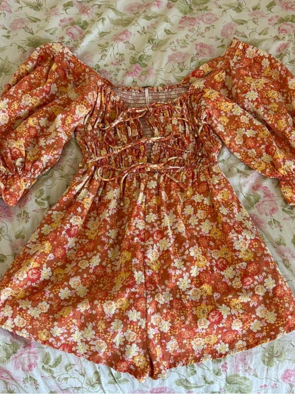 Free People Orange Floral Off-Shoulder Romper